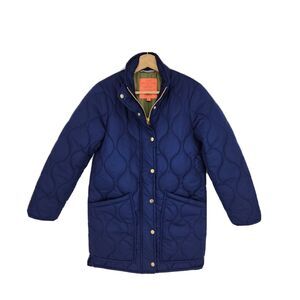 New J Crew Womens Quilted Cocoon Puffer Coat Primaloft Navy Blue Size XXS
